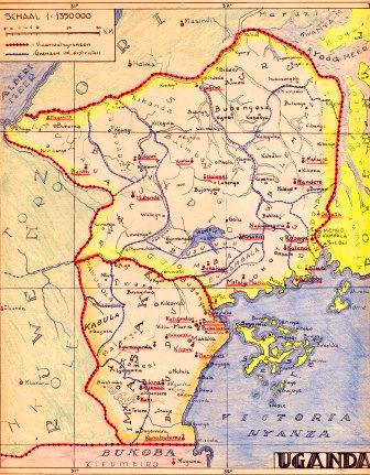 Oude kaart van het Vicariaat  Oeganda, door de eerste Nederlandse Missionarissen opgetekend.